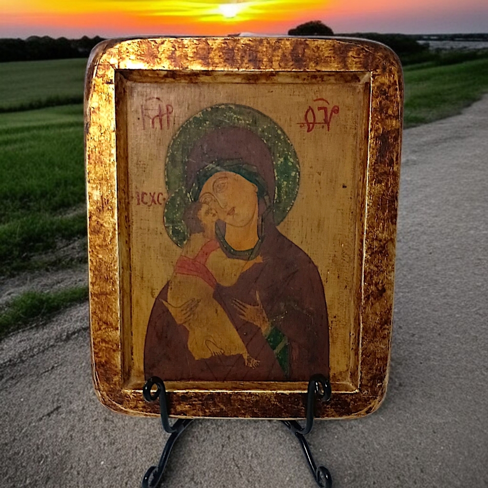 Mary‎ Mother Of God Jesus Antique Wood Plaque Handpainted Russian Polish Artist